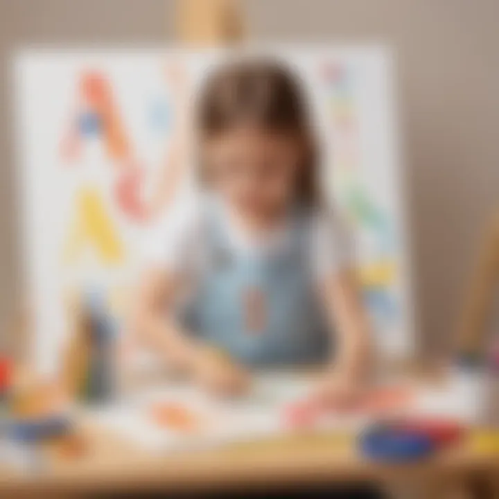 Child painting alphabet letters on a canvas