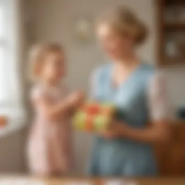 Adorable child presenting handmade gift to mother