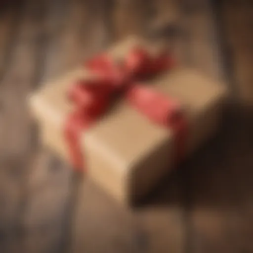A beautifully wrapped gift box with a ribbon on a rustic wooden desk