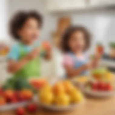 Kids In Action: Snack Time Fun Engaging activity of children involved in snack preparation with fresh fruits and vegetables