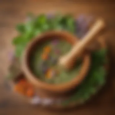 Aromatic herbs in a wooden pestle and mortar