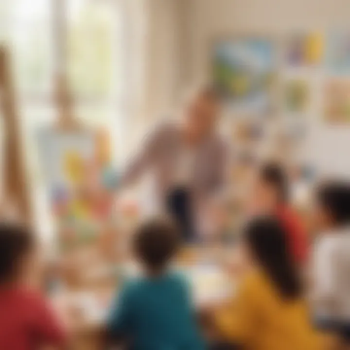 Teacher guiding kindergarten students in art class