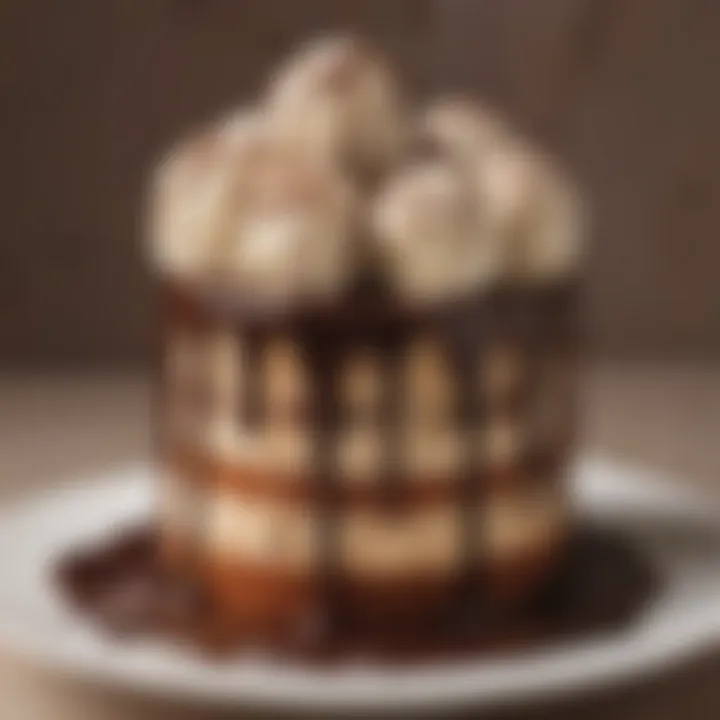 Artistic swirls of chocolate sauce drizzled elegantly over the cake