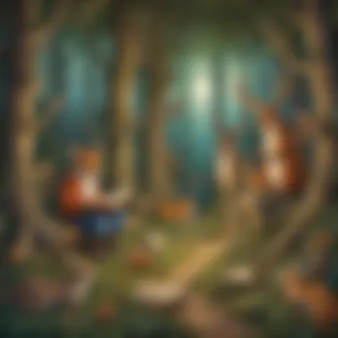 Illustration of a whimsical forest scene with animals reading a book