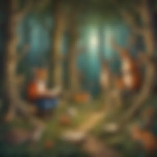 Illustration of a whimsical forest scene with animals reading a book