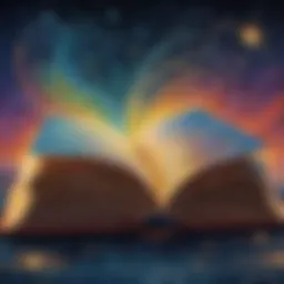 Illustration of a magical book with sparkles and swirls