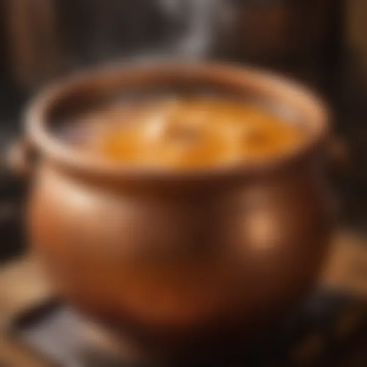 A close-up of bubbling butterbeer in a copper cauldron