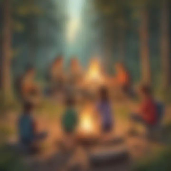 Kids building a campfire in a summer camp setting