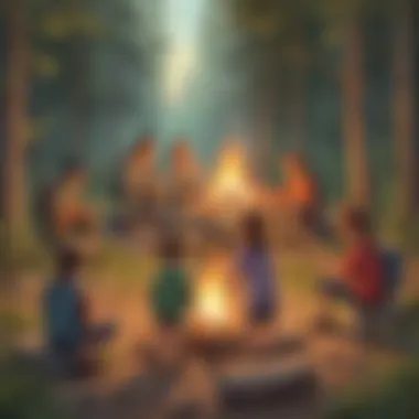 Campfire Creation and Storytelling Kids building a campfire in a summer camp setting
