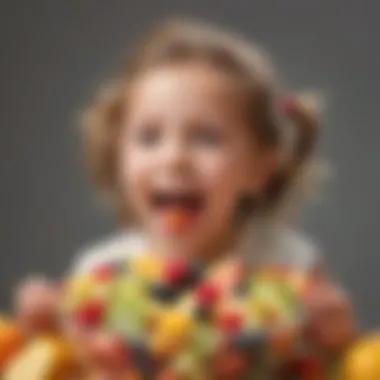 Child happily eating a colorful fruit salad