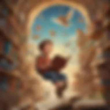 Illustration showcasing a child's imagination with flying books and characters