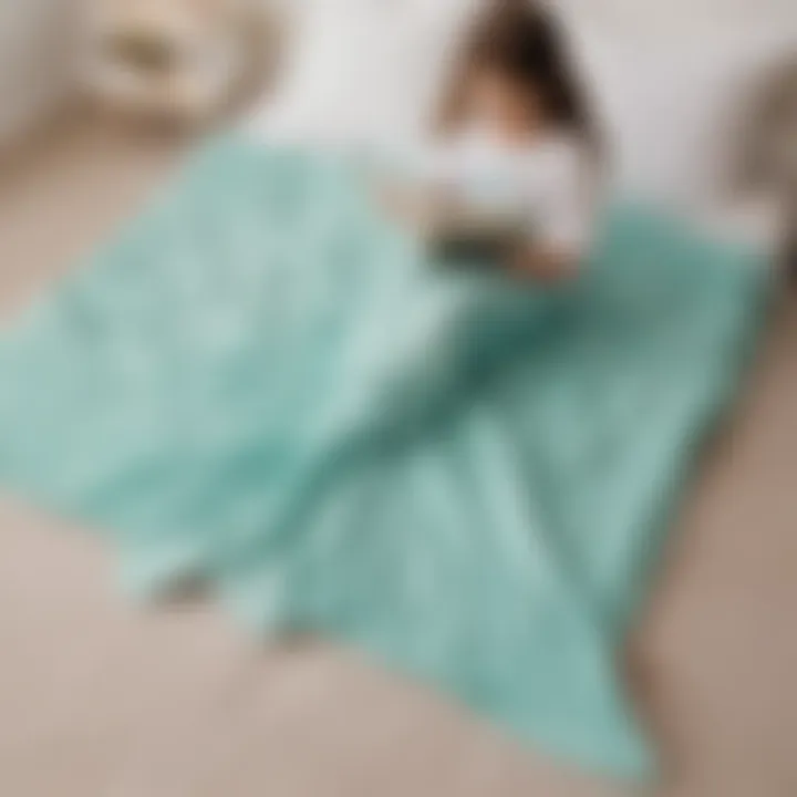 Child's feet peeking out from under a plush mermaid tail blanket while reading a book