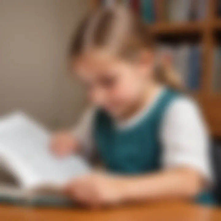 Child engrossed in reading from a workbook