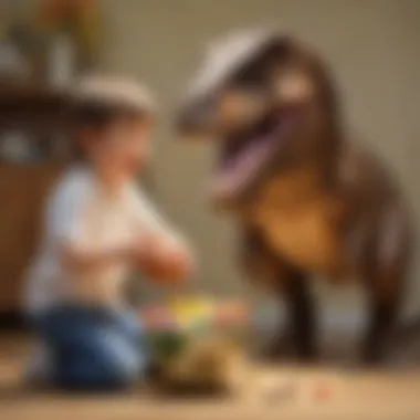 Child Delighted by Dinosaur Surprise in Easter Egg Eager child unwrapping the chocolate Easter egg to reveal the dinosaur
