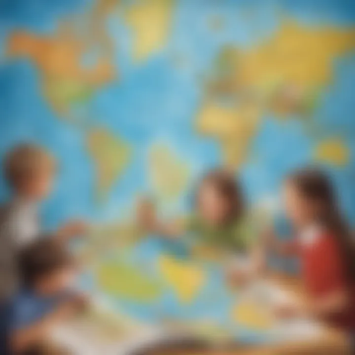 Illustration of a group of children on a fun educational adventure with world map printables