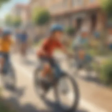 A group of children practicing cycling skills in a safe environment