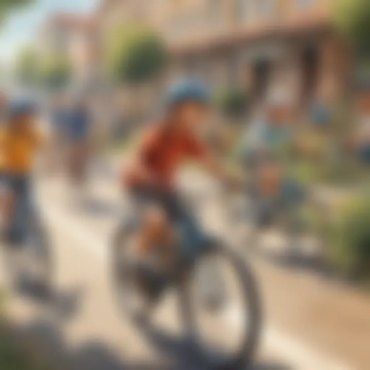 A group of children practicing cycling skills in a safe environment