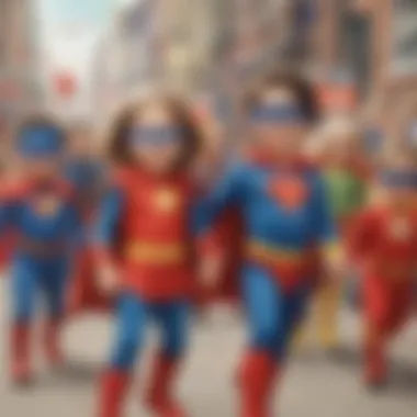 Adorable Superhero Costume Parade Children dressed in superhero costumes at a birthday party