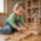 Three-year-old exploring a wooden building set