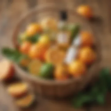 Citrus fruits and herbs in a woven basket