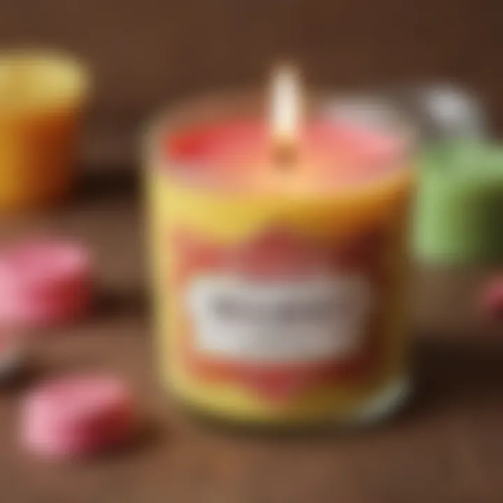 Close-up of a candle with a whimsical Play Doh scent label