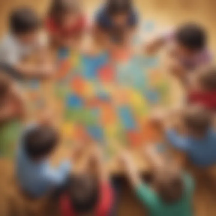 Group of children collaborating on a complex puzzle