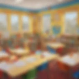 Illustration of colorful kindergarten classroom with engaging adding worksheets