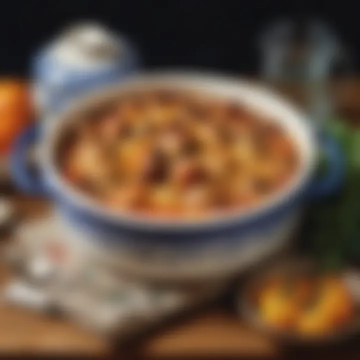 A rustic casserole served in a vintage ceramic dish