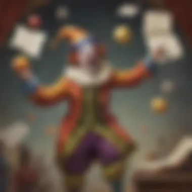 Illustration of a comical clown juggling jokes