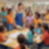 An illustration of diverse community helpers engaging with children in a classroom setting.