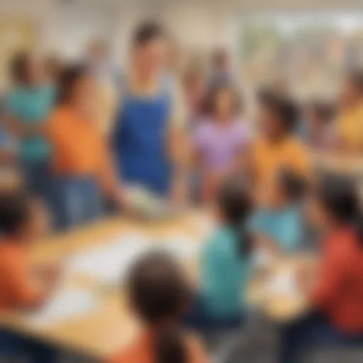 An illustration of diverse community helpers engaging with children in a classroom setting.