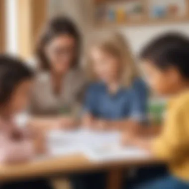 Collaboration in Learning Parents and educators working with preschoolers on worksheets
