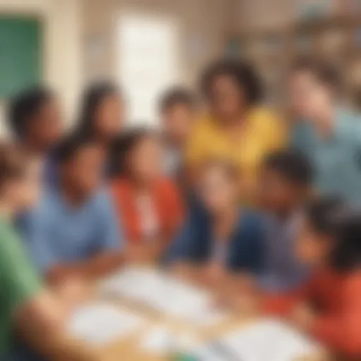 Illustration depicting a diverse group of students engaged in a classroom discussion