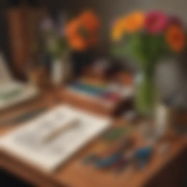 An artist's desk with essential drawing tools for flower illustration