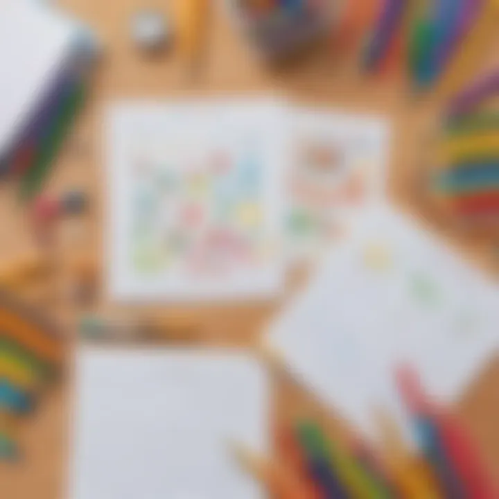 Colorful writing tools and worksheets for kindergarten children