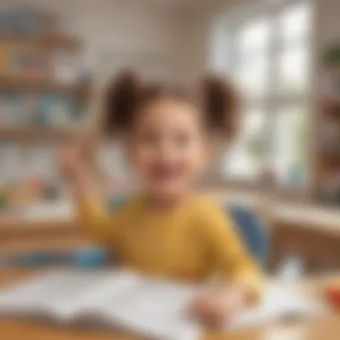 Joyful Display of Completed Writing Assignments Happy kindergarten child showcasing completed writing assignments