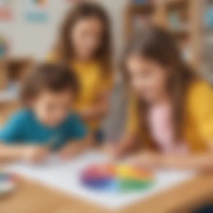 Children engaged in a color recognition activity with worksheets.