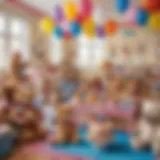 A vibrant and colorful Build-A-Bear birthday party setup featuring themed decorations and plush toys.