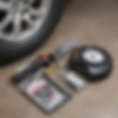 Tire inflator accessories laid out next to an inflator, emphasizing maintenance tools.