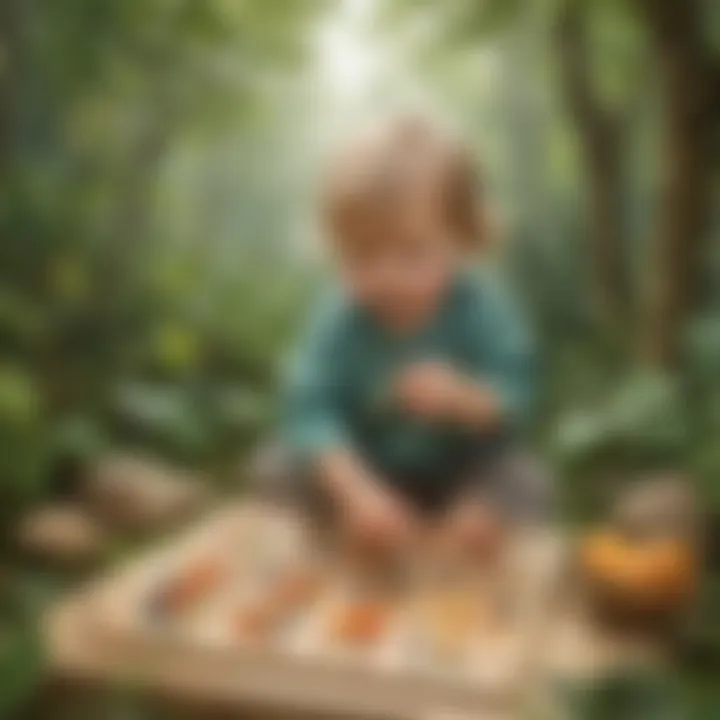 A toddler engaged in a counting game with natural objects