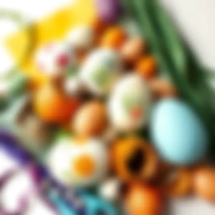 An assortment of crafting materials for Easter egg decoration
