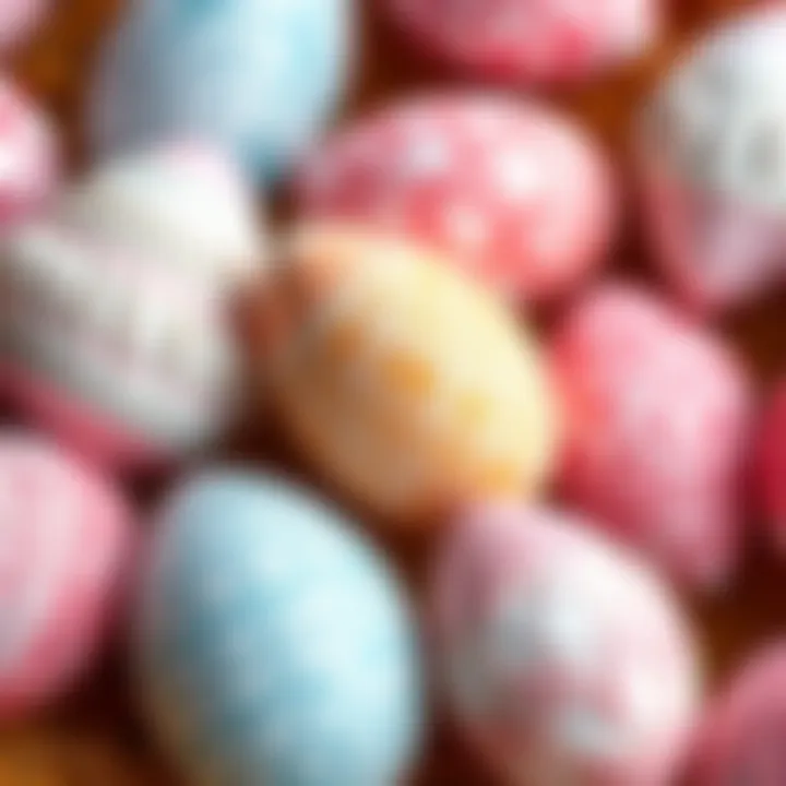 Close-up of intricate paper patterns and textures on Easter eggs