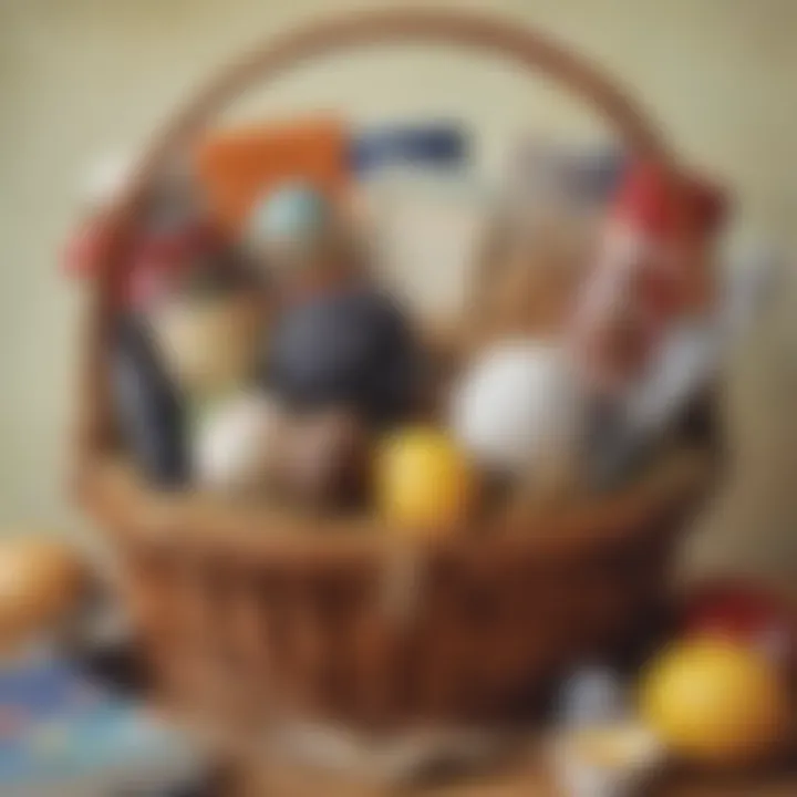 Close-up of hockey-themed items in an Easter basket