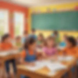 Colorful classroom scene with children writing sentences
