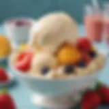 A bowl of creamy ice cream topped with fresh fruits