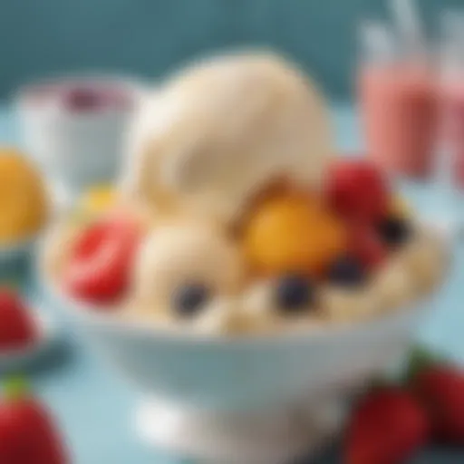 A bowl of creamy ice cream topped with fresh fruits
