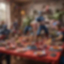 A vibrant Avengers-themed party setup with colorful decorations and superhero motifs.