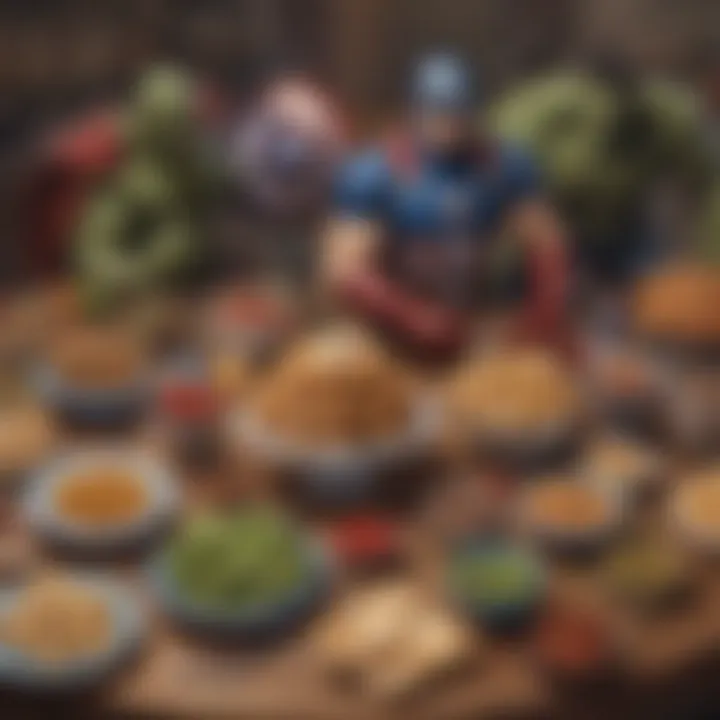 A table filled with Avengers-inspired snacks and treats, appealing to young guests.