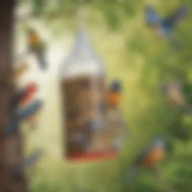 Birds enjoying food from the feeders made from plastic bottles