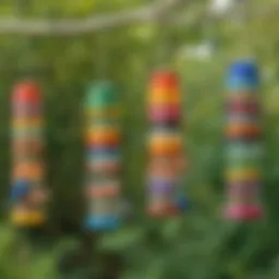 Colorful bird feeders made from plastic bottles hanging in a garden